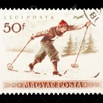 8597256-mail-stamp-printed-in-Hungary-featuring-cross-country-skiing-Stock-Photo